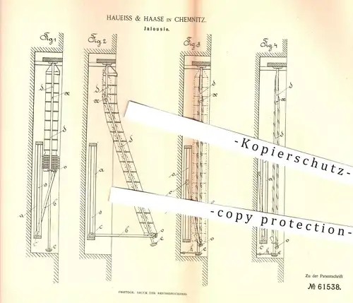 original Patent - Haueiss & Haase , Chemnitz , 1891 , Jalousie , Jalousien | Rollo , Vorhang , Gardine , Fenster !!!