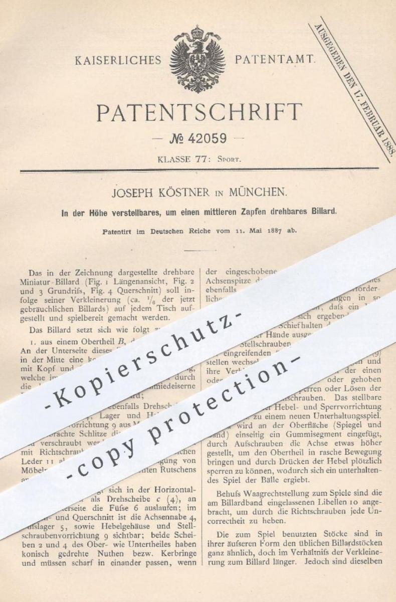 original Patent Joseph Köstner , München , 1887 , drehbares Billard