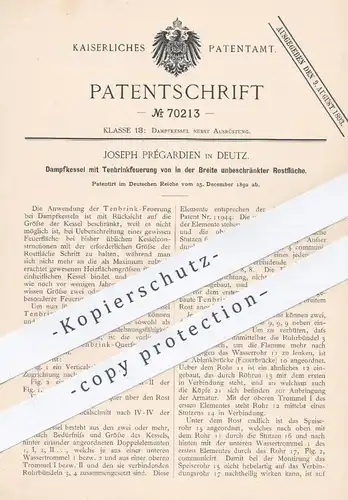 original Patent - Joseph Prégardien , Deutz , 1892 , Dampfkessel mit Tenbrinkfeuerung | Kessel , Tenbrink , Rost !!!