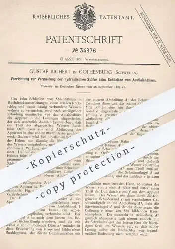 original Patent - Gustaf Richert , Gothenburg , Schweden , 1885 , hydraulische Stöße beim Schließen vom Wasserhahn !!!