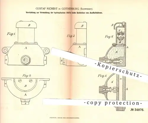 original Patent - Gustaf Richert , Gothenburg , Schweden , 1885 , hydraulische Stöße beim Schließen vom Wasserhahn !!!