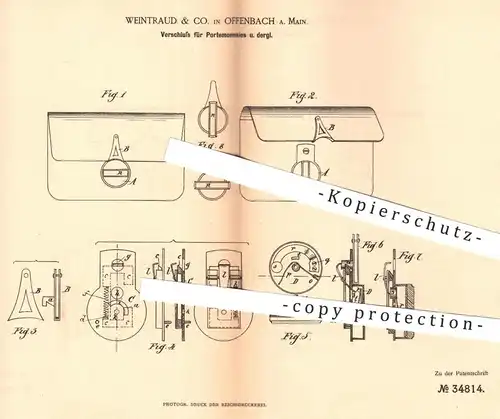 original Patent - Weintraud & Co. , Offenbach / Main , 1885 , Verschluss für Portemonnaie , Brieftasche , Geld - Tasche