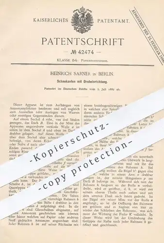 original Patent - Heinrich Sarner , Berlin , 1887 , Schaukasten , Vitrine | Papier , Werbung , Anzeige , Reklame !!!