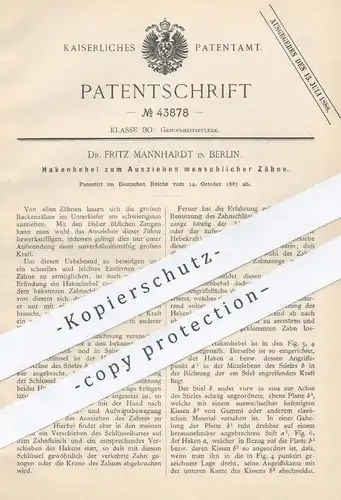 original Patent - Dr. Fritz Mannhardt , Berlin , 1887 , Hakenhebel zum Ausziehen menschlicher Zähne | Zahnarzt , Zahn !