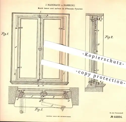 original Patent - J. Markmann , Hamburg , 1888 , Nach innen u. außen zu öffnende Fenster | Fensterbauer , Fensterbau !!