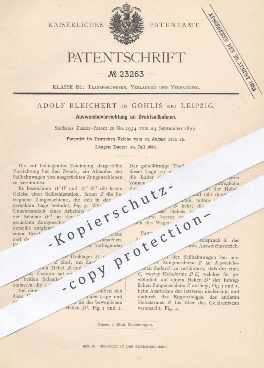original Patent Adolf Bleichert , Leipzig / Gohlis , 1882