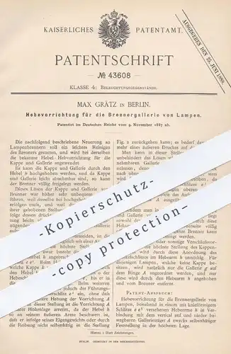 original Patent - Max Grätz , Berlin , 1887 , Brennergallerie von Lampen | Brenner , Lampe , Licht , Gasbrenner , Hebel