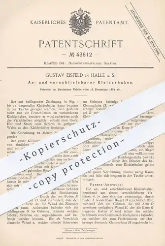 original Patent - Gustav Eisfeld , Halle / Saale , 1887 , verschließbarer Kleiderhaken | Garderobe , Kleider - Haken !!