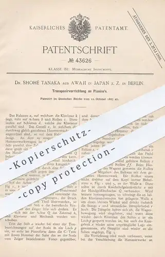 original Patent - Dr. Shohé Tanaka , Awaji in Japan / Berlin , 1887 , Transponiervorrichtung am Piano , Klavier , Flügel