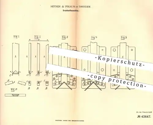 original Patent - Heynen & Pekrun , Dresden 1887 , Drahtheftmaschine | Draht - Heftmaschine | Buchbinder , Buch , Bücher