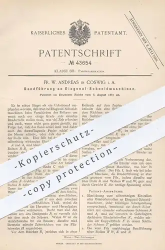 original Patent - Fr. W. Andreas , Coswig , 1887 , Bandführung an Diagonal - Schneidmaschinen | Papier , Papierfabrik