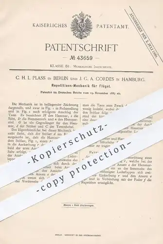original Patent - C. H. L. Plass , Berlin | J. G. A. Cordes , Hamburg , 1887 , Repetitionsmechanik für Flügel , Klavier