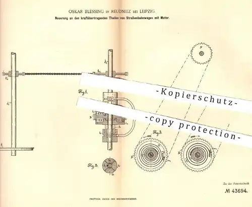 original Patent - Oskar Blessing , Leipzig / Reudnitz , 1887 , Straßenbahn mit Motor | Motoren , Eisenbahn , Eisenbahnen
