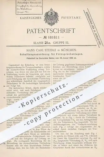 original Patent - Hans Carl Steidle , München , 1906 , Schaltung für Fernsprechanlage | Fernsprecher , Telefon , Strom !
