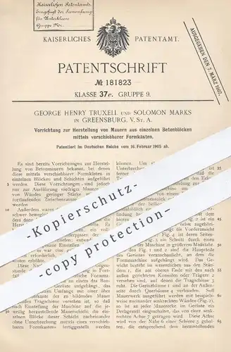 original Patent - George Henry Truxell , Solomon Marks , Greensburg , USA , 1905 , Mauer aus Betonblöcken | Maurer !!