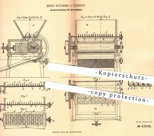 original Patent - Ernst Köthner , Lössnitz , 1887 , Speisevorrichtung für Schrotmühle | Schrot Mühle , Mühlen , Mahlgut