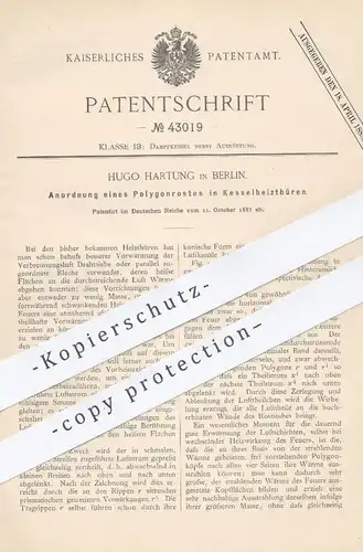 original Patent - Hugo Hartung , Berlin , 1887 , Polygonrost in Kesselheiztür | Kessel , Dampfkessel , Heizung , Heizen
