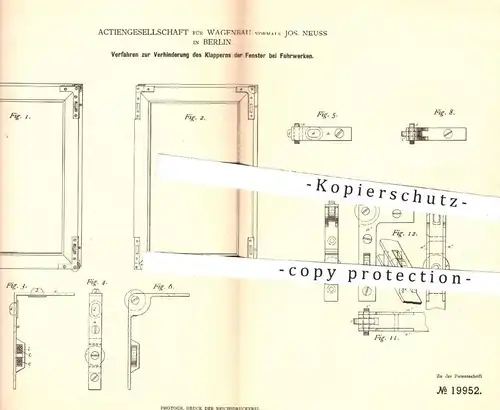 original Patent - AG für Wagenbau vorm. Jos. Neuss , Berlin , 1882 , Fenster am Fuhrwerk | Fensterrahmen , Wagenbau !!