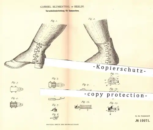 original Patent - Gabriel Blumenthal , Berlin , 1882 , Verschluss für Gamaschen | Gamasche , Mode , Schuhe , Schneider !