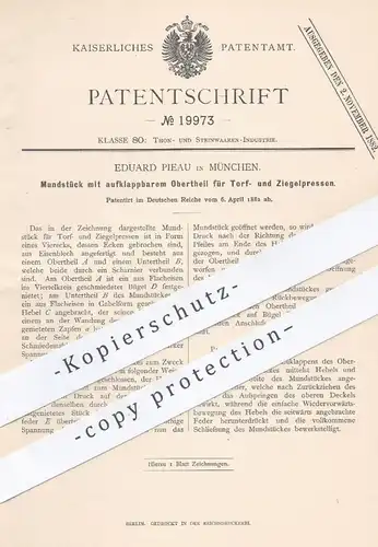 original Patent - Eduard Pieau , München , 1882 , Mundstück für Torfpresse , Ziegelpresse | Ziegel , Presse , Torf , Ton