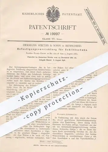 original Patent - Hermann Wirths & Sohn , Remscheid 1881 , Befestigung für Schlittschuhe | Schlittschuh , Schuh , Schuhe