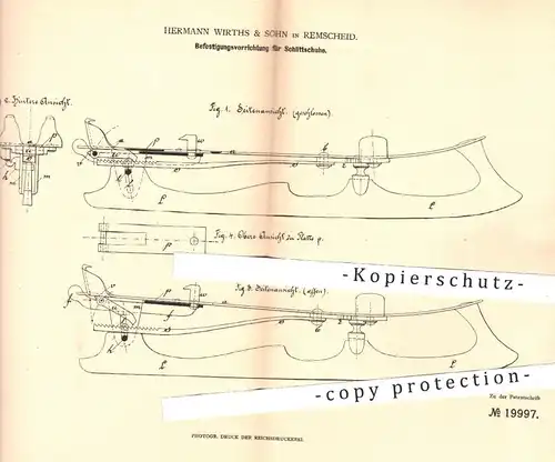 original Patent - Hermann Wirths & Sohn , Remscheid 1881 , Befestigung für Schlittschuhe | Schlittschuh , Schuh , Schuhe