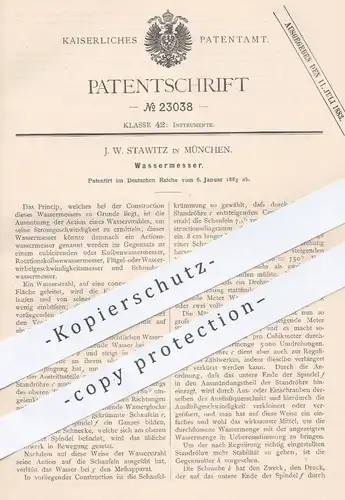 original Patent - J. W. Stawitz , München , 1883 , Wassermesser | Wasser , Wasserstrahl , Strom , Rotation , Kolben !!