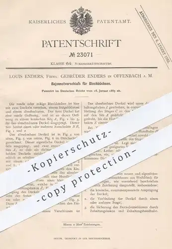 original Patent - Louis Enders , Offenbach / Main , 1883 , Bajonett - Verschluss für Blechbüchsen | Dose , Blechdose