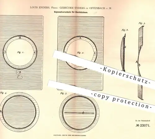 original Patent - Louis Enders , Offenbach / Main , 1883 , Bajonett - Verschluss für Blechbüchsen | Dose , Blechdose