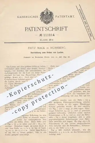 original Patent - Fritz Mack , Nürnberg , 1899 , Heben von Lasten | Aufzug , Kran , Hebezug , Nürnberger Schere !!