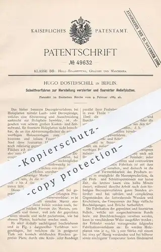 original Patent - Hugo Dosterschill , Berlin , 1889 , verzierte u. furnierte Reliefplatten | Holz , Furnier , Tischler !