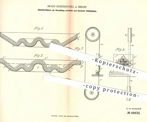 original Patent - Hugo Dosterschill , Berlin , 1889 , verzierte u. furnierte Reliefplatten | Holz , Furnier , Tischler !
