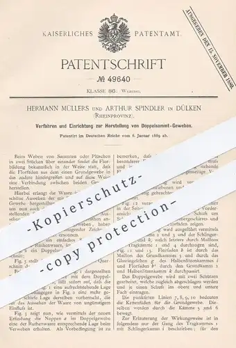 original Patent - Hermann Müllers u. Arthur Spindler , Dülken , 1889 , Weben von Doppelsamt - Gewebe | Samt , Plüsch !