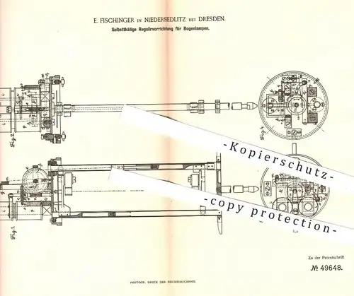 original Patent - E. Fischinger , Niedersedlitz / Dresden , 1889 , Regulierung für Bogenlampen | Lampe , Elektromagnet !