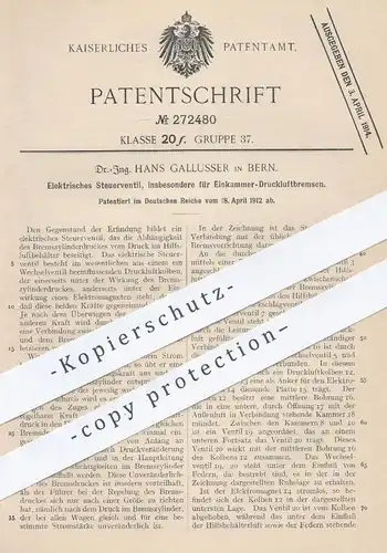 original Patent - Dr. Ing. Hans Gallusser , Bern , 1912 , Elektr. Steuerventil für Druckluftbremsen | Ventil , Bremse !!