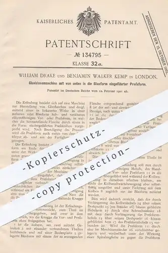 original Patent - William Drake , Benjamin Walker Kemp , London 1901 , Glasblasemaschine | Glas - Pressform , Glasbläser