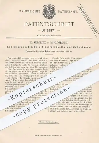 original Patent - W. Seeglitz , Magdeburg , 1886 , Lastwindengetriebe mit Spiralscheibe u. Zahnstange | Winde , Hebezeug