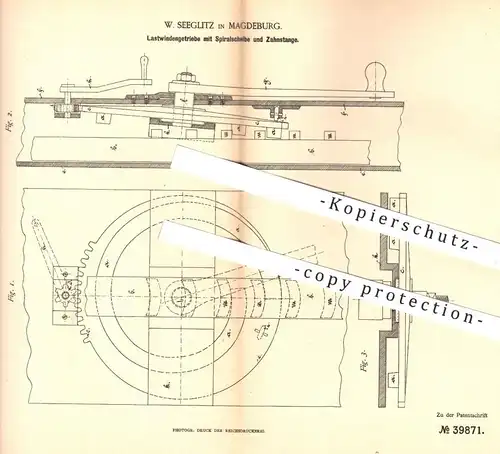 original Patent - W. Seeglitz , Magdeburg , 1886 , Lastwindengetriebe mit Spiralscheibe u. Zahnstange | Winde , Hebezeug