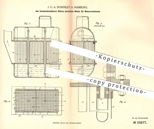 original Patent - J. G. A. Donneley , Hamburg , 1886 , Wände aus Röhren für Wasserrohrkessel | Kessel , Dampfkessel !!