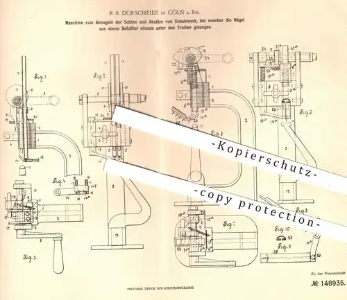 original Patent - R. R. Dürscheidt , Köln , 1902 , Benageln der Sohlen und Absätze von Schuhwerk | Schuster , Schuh