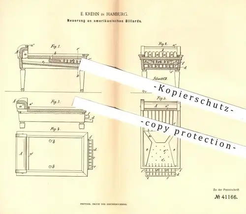 original Patent - E. Krehn , Hamburg , 1887 , amerikanisches Billard | Billardtisch , Pool , Sport , Tisch , Kegel !!