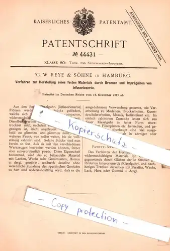 original Patent -  G. W. Reye & Söhne in Hamburg , 1887 , Thon- und Steinwaaren-Industrie !!!