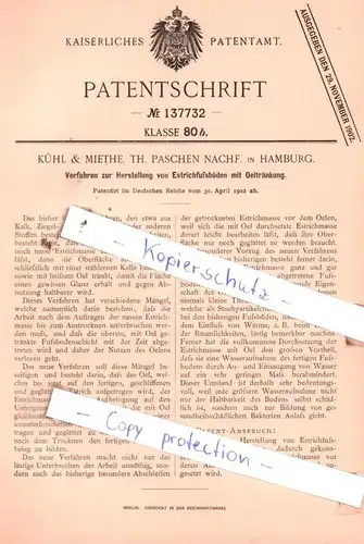 original Patent - Kühl & Miethe, Th. Paschen Nachf. in Hamburg , 1902 , Herstellung von Estrichfußböden !!!