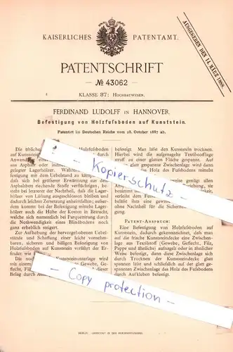 original Patent - F. Ludolff in Hannover , 1887 , Befestigung von Holzfußboden auf Kunststein !!!