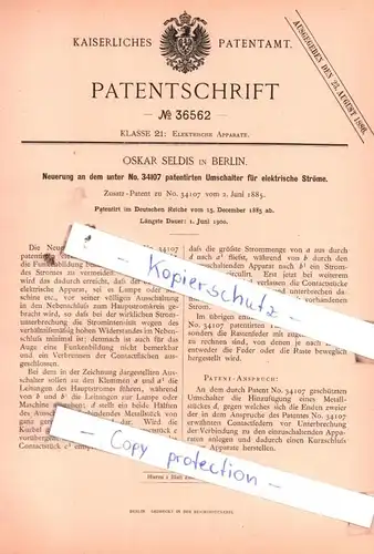 original Patent - Oskar Seldis in Berlin , 1885 , Umschaler für elektrische Ströme !!!