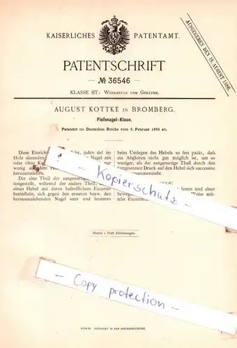 original Patent - August Kottke in Bromberg , 1886 ,  Floßnagel-Klaue !!!