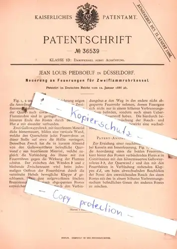 original Patent - Jean  Louis Piedboeuf in Düsseldorf , 1886 , Feuerungen für Zweiflammrohrkessel !!!