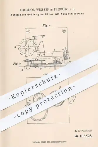 original Patent - Theodor Weisser , Freiburg , 1898 , Aufziehvorrichtung an Uhren mit Nebentriebwerk | Uhr , Uhrwerk !!
