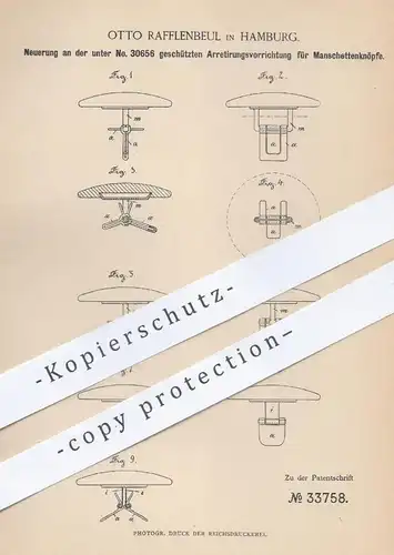 original Patent - Otto Rafflenbeul , Hamburg , 1885 , Arretierung für Manschettenknöpfe | Knopf , Knöpfe , Schneiderei !