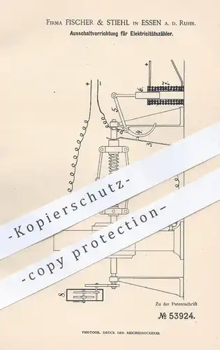 original Patent - Fischer & Stiehl , Essen , 1890 , Ausschaltvorrichtung für Elektrizitätszähler | Strom , Schalter !!